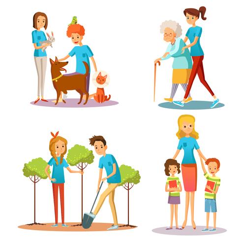 Vrijwilligers helpen Flat Cartoon Collection vector