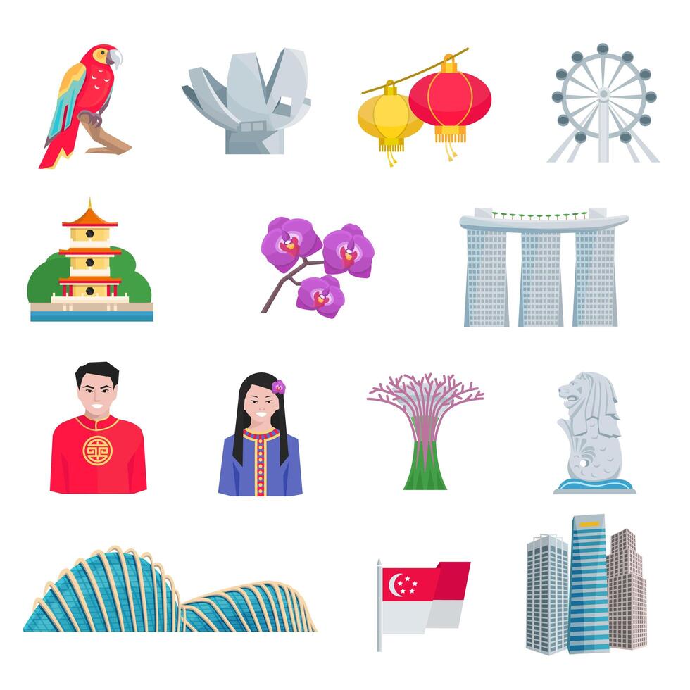 Singapour cultuur vlakke pictogrammen instellen vector