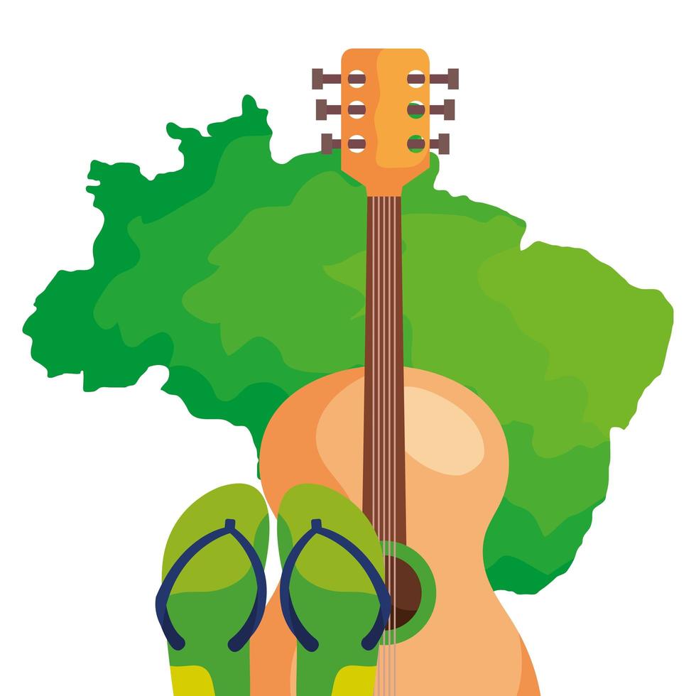 gitaar en slippers met kaart van Brazilië geïsoleerd pictogram vector