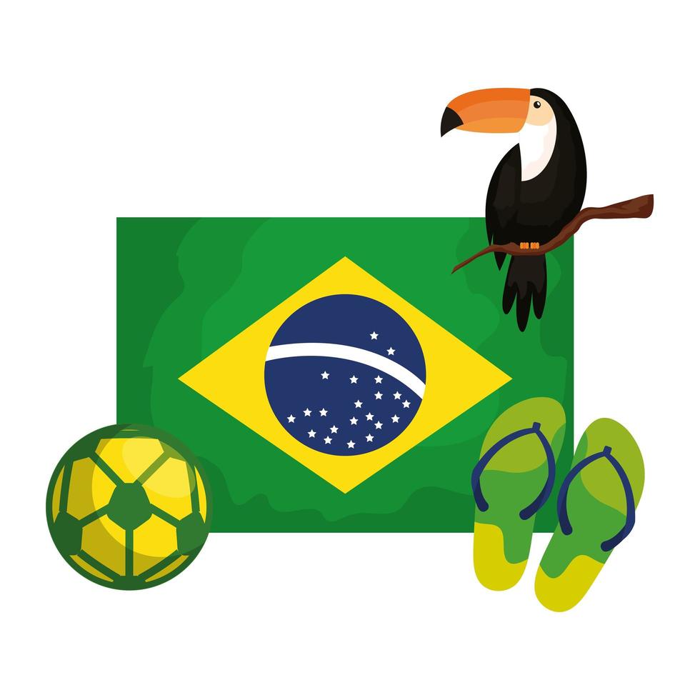 toekan en pictogrammen met vlag brazilië vector