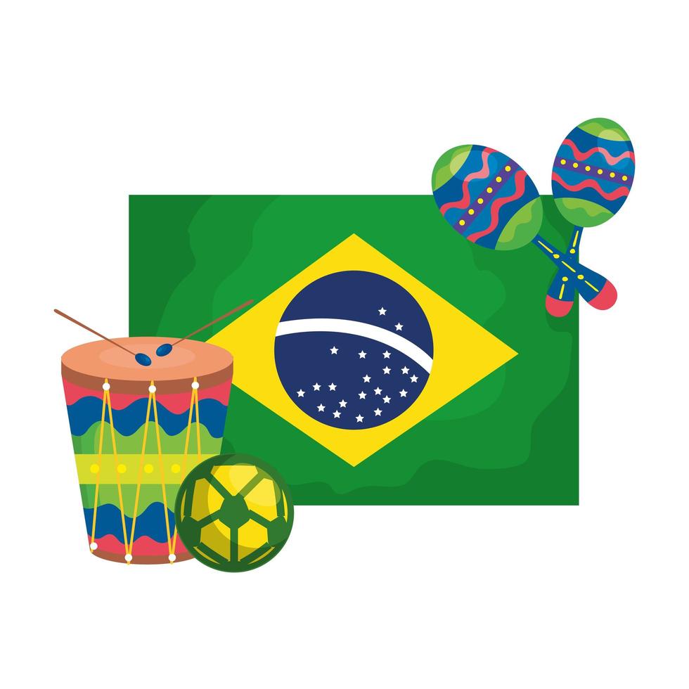 trommel en pictogrammen met vlag Brazilië geïsoleerd pictogram vector
