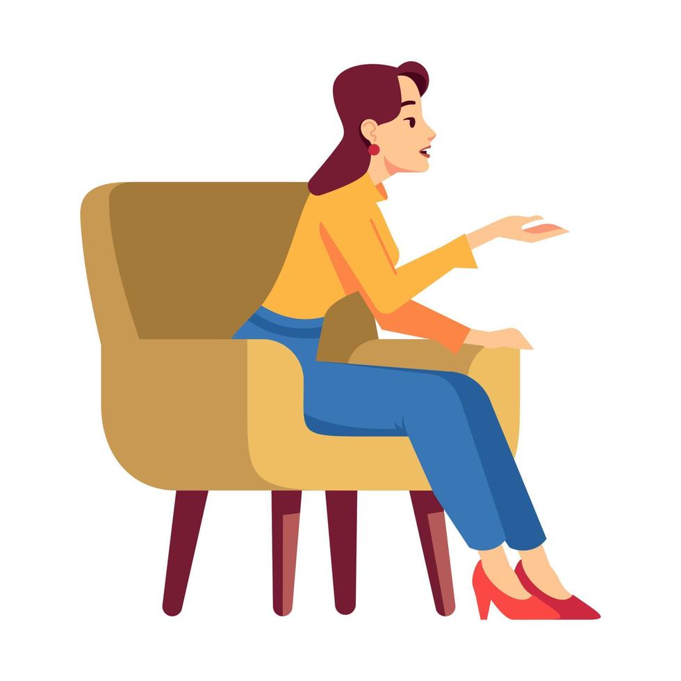 vrouw in fauteuil semi platte rgb kleur vectorillustratie. meisje praten en gebaren. persoon die deelneemt aan het gesprek. gesprekspartner. geïsoleerde stripfiguur op witte achtergrond vector