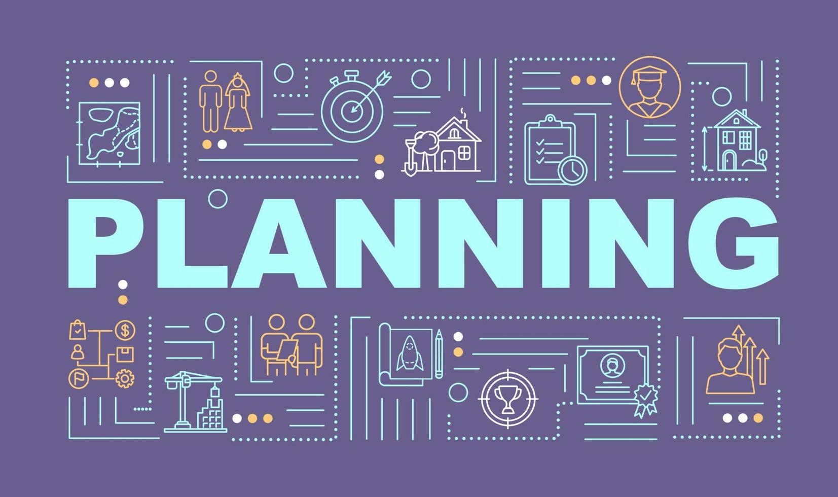 projectplanning woord concepten banner. strategie bouwen. doelen stellen. infographics met lineaire pictogrammen op donkere paarse achtergrond. geïsoleerde typografie. vector overzicht rgb kleur illustratie