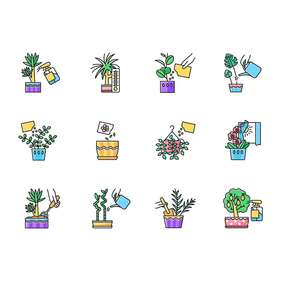 kamerplant zorgzame rgb kleur iconen set. planten transplantatie. zaad planten. water geven, bemesten. pluizen. beluchting. temperatuuromstandigheden, juiste licht. spuiten. geïsoleerde vectorillustraties vector