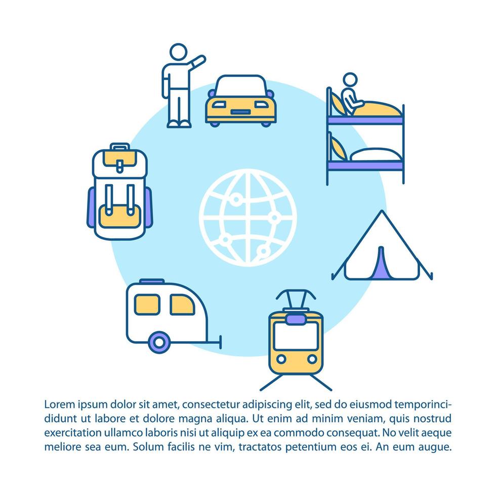 budget toerisme concept icoon met tekst. verblijf in hostel. camping. openbaar vervoer. ppt pagina vector sjabloon. brochure, tijdschrift, boekje ontwerpelement met lineaire illustraties