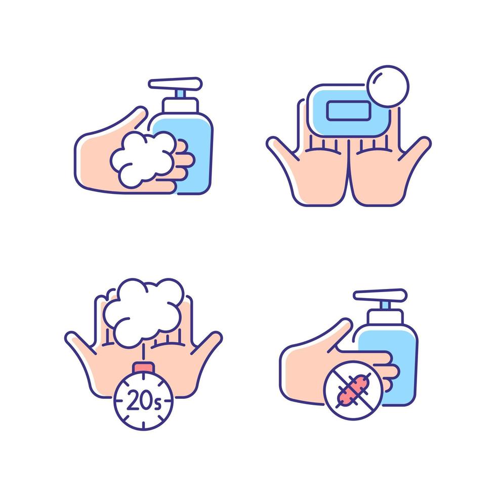 handhygiëne rgb kleur iconen set. wassen met steenzeep. antimicrobiële huidreiniger. handen wassen gedurende twintig seconden. antiseptisch. geïsoleerde vectorillustraties. verzameling eenvoudige gevulde lijntekeningen vector