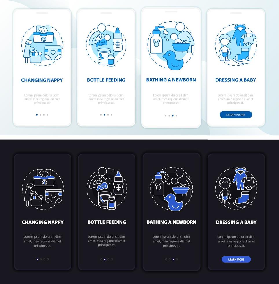 peuter zorg onboarding mobiele app paginascherm. moeder verpleging walkthrough 4 stappen grafische instructies met concepten. ui, ux, gui vectorsjabloon met lineaire nacht- en dagmodusillustraties vector