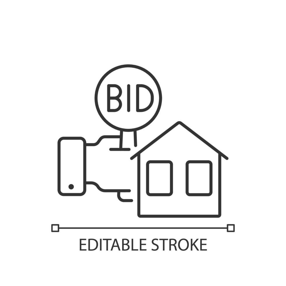 onroerend goed veiling lineaire pictogram. concurrerende biedingen op onroerend goed. verkoop van gebouwen en grond. dunne lijn aanpasbare illustratie. contour symbool. vector geïsoleerde overzichtstekening. bewerkbare streek