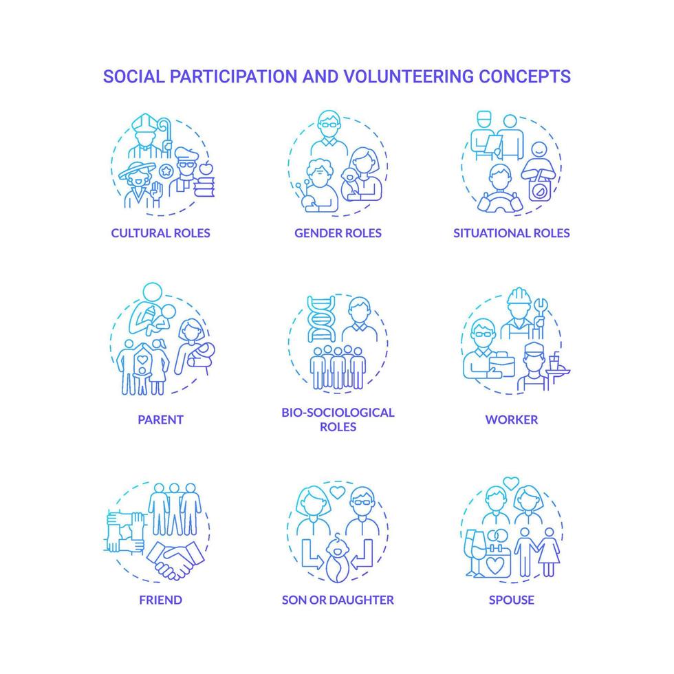 sociale participatie en vrijwilligerswerk blauwe gradiënt concept iconen set. verschillende gemeenschapsrollen voor mensen in wereldidee dunne lijnkleurenillustraties. vector geïsoleerde overzichtstekeningen