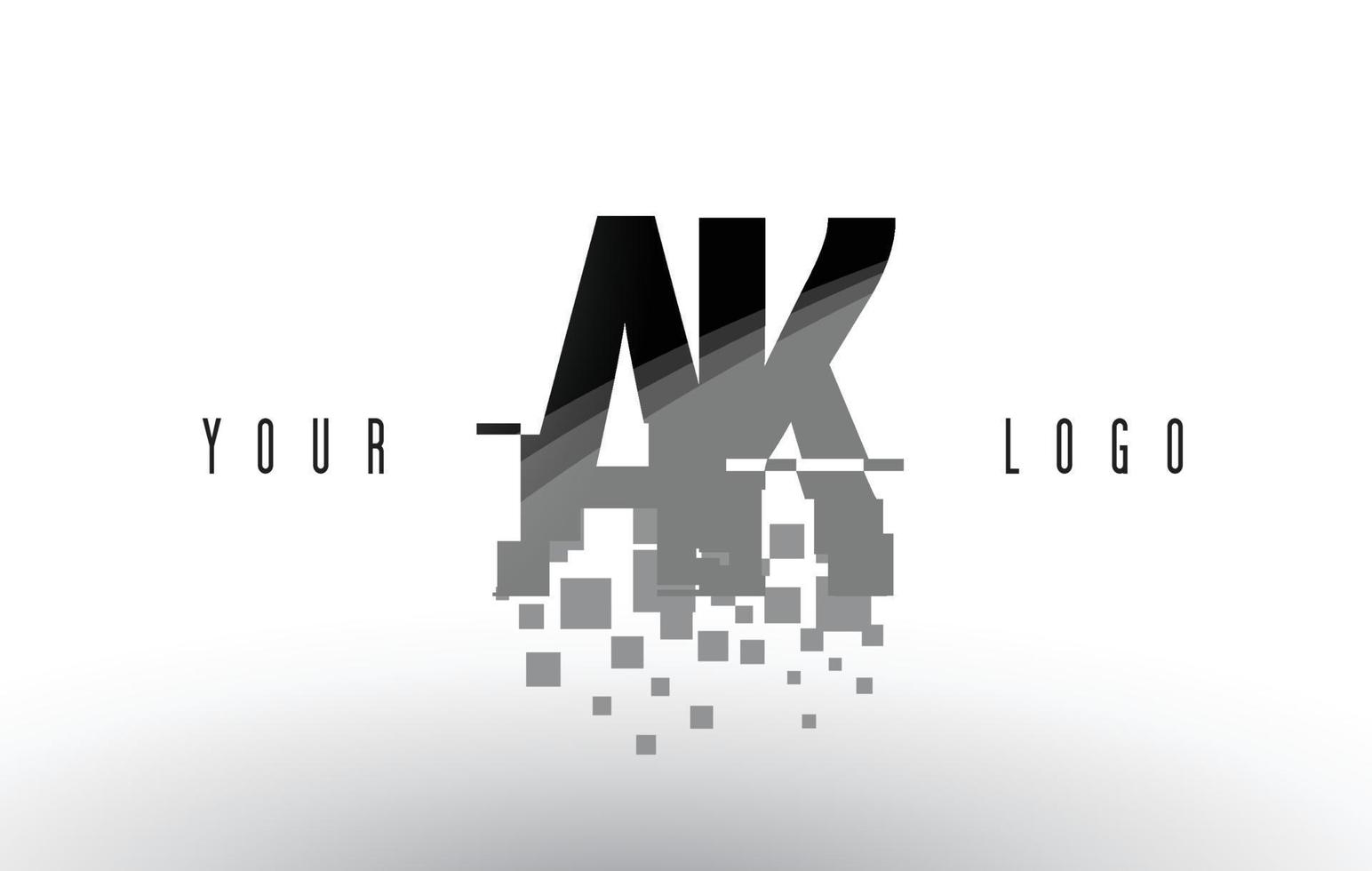 ak ak pixel letterlogo met digitale verbrijzelde zwarte vierkanten vector