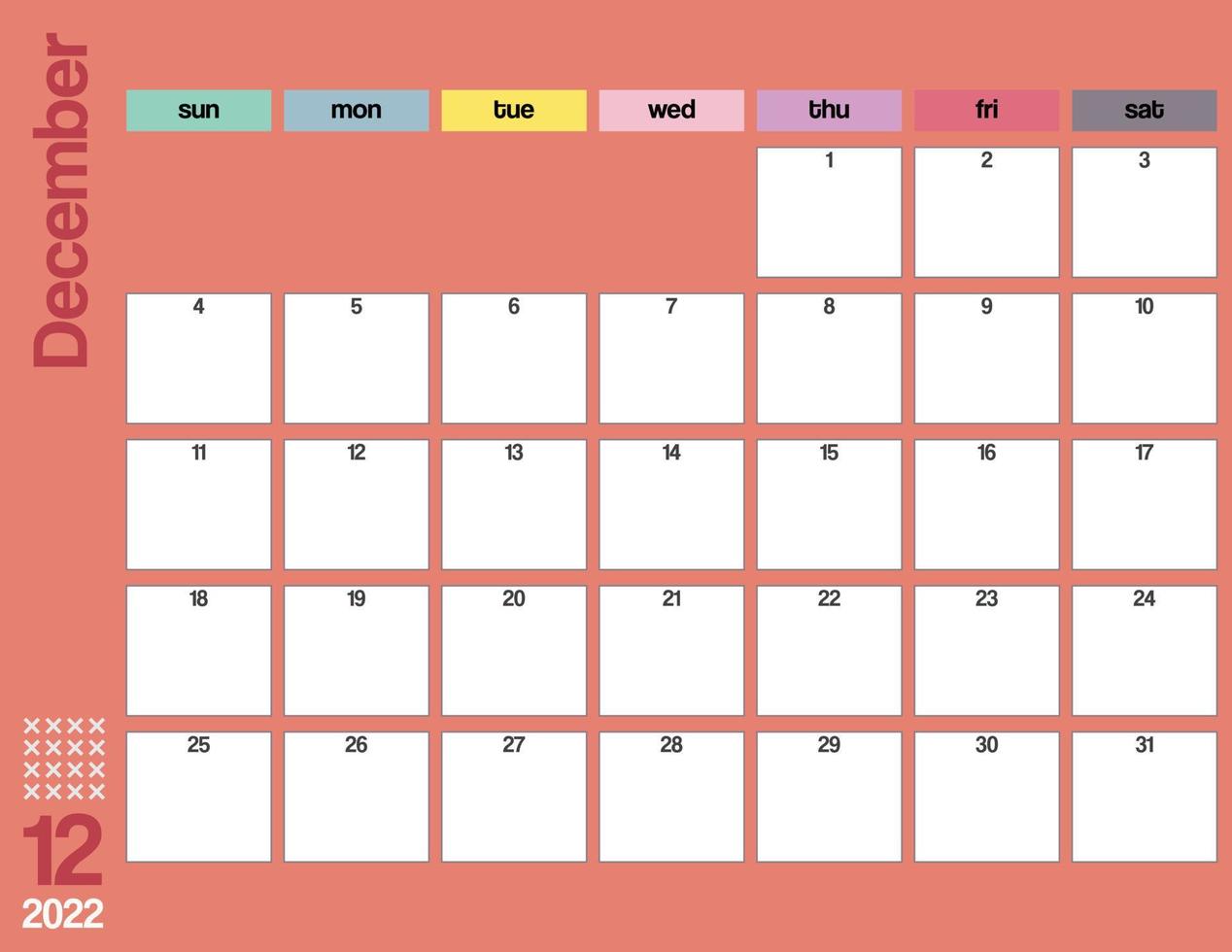 december kleurrijke 2022 maandelijkse kalenderplanner afdrukbaar vector