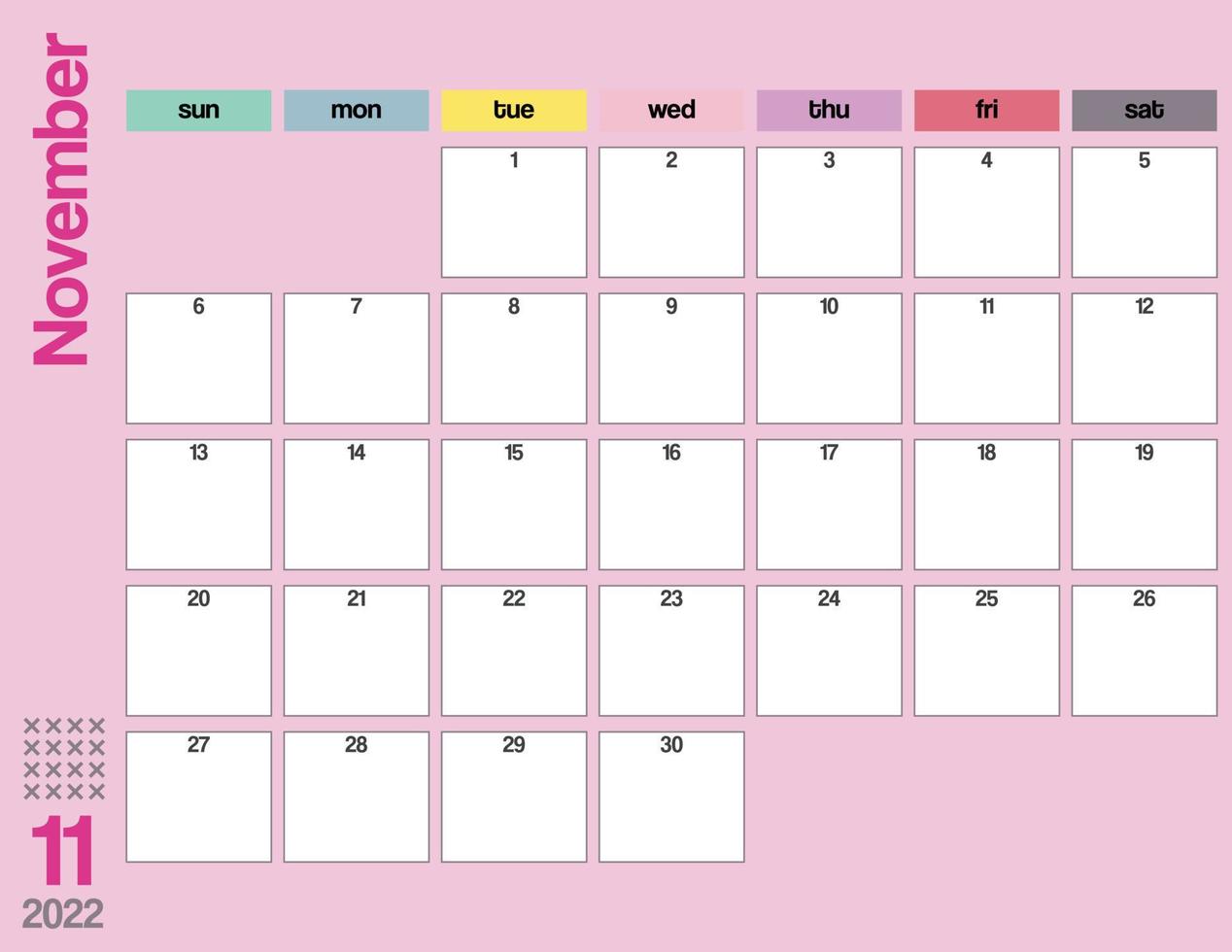 november kleurrijke 2022 maandelijkse kalenderplanner afdrukbaar vector