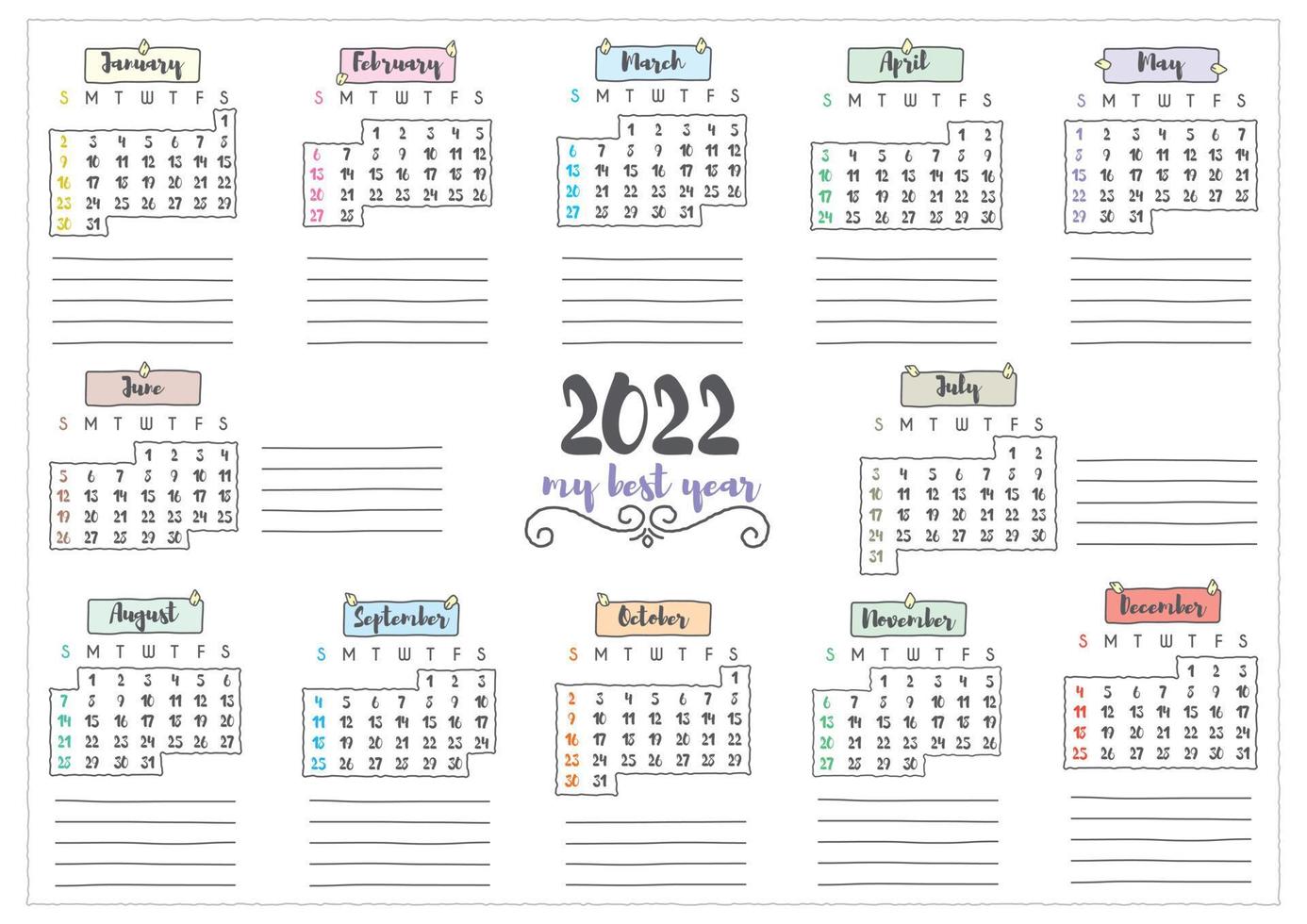 schattige handgeschreven letters 2022 kalenderplanner afdrukbaar vector