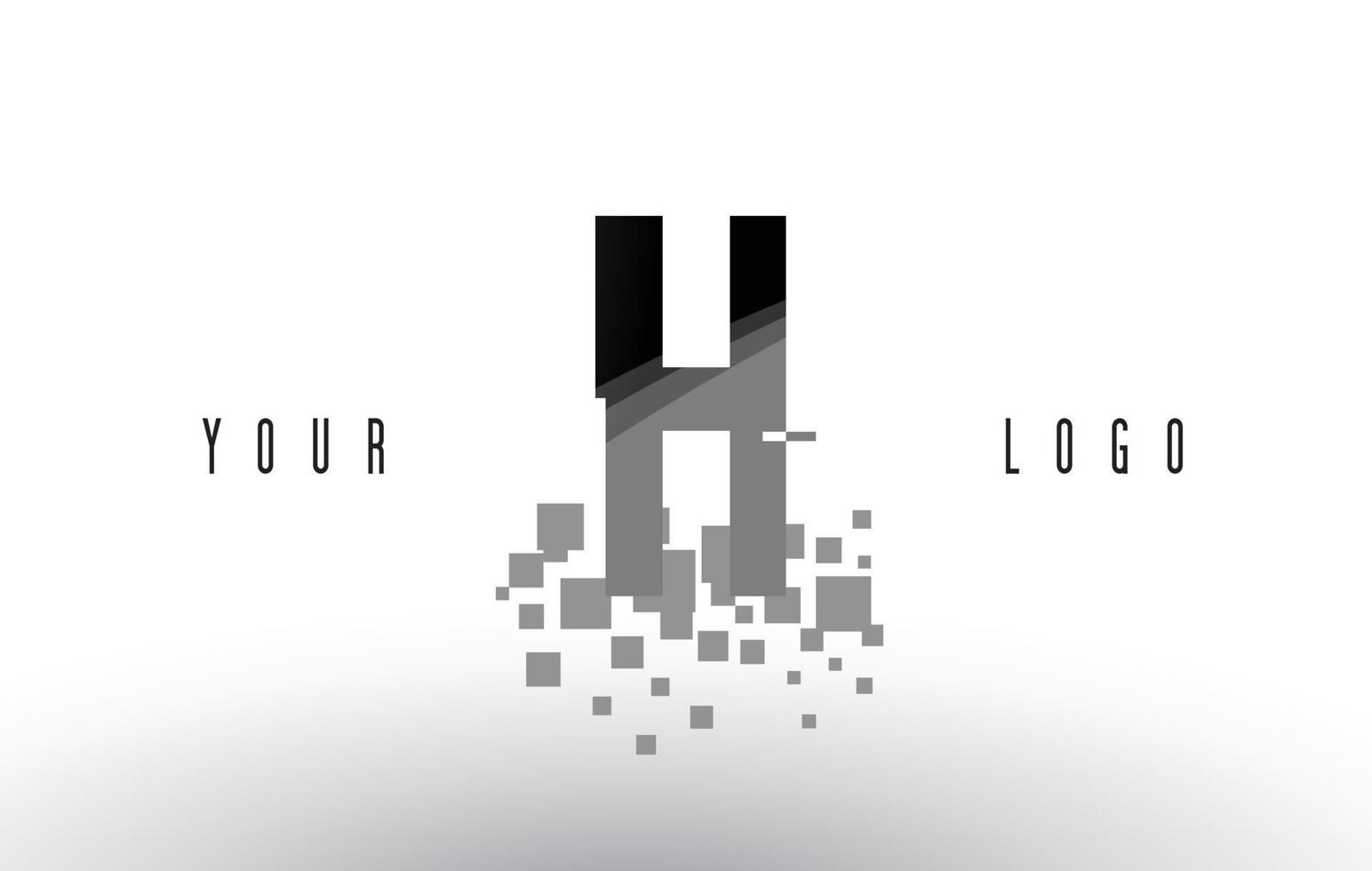 h pixel letterlogo met digitale verbrijzelde zwarte vierkanten vector