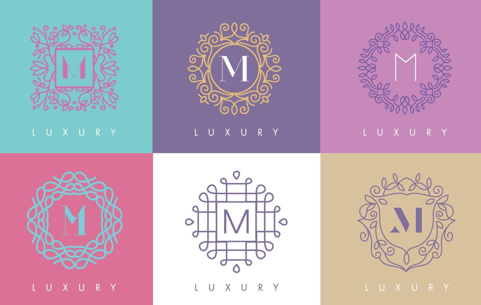 m brief pastel bloemen monogram lijnen logo ontwerp. vector