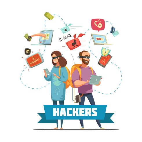 Hackers Criminelen Cartoon samenstelling Poster vector