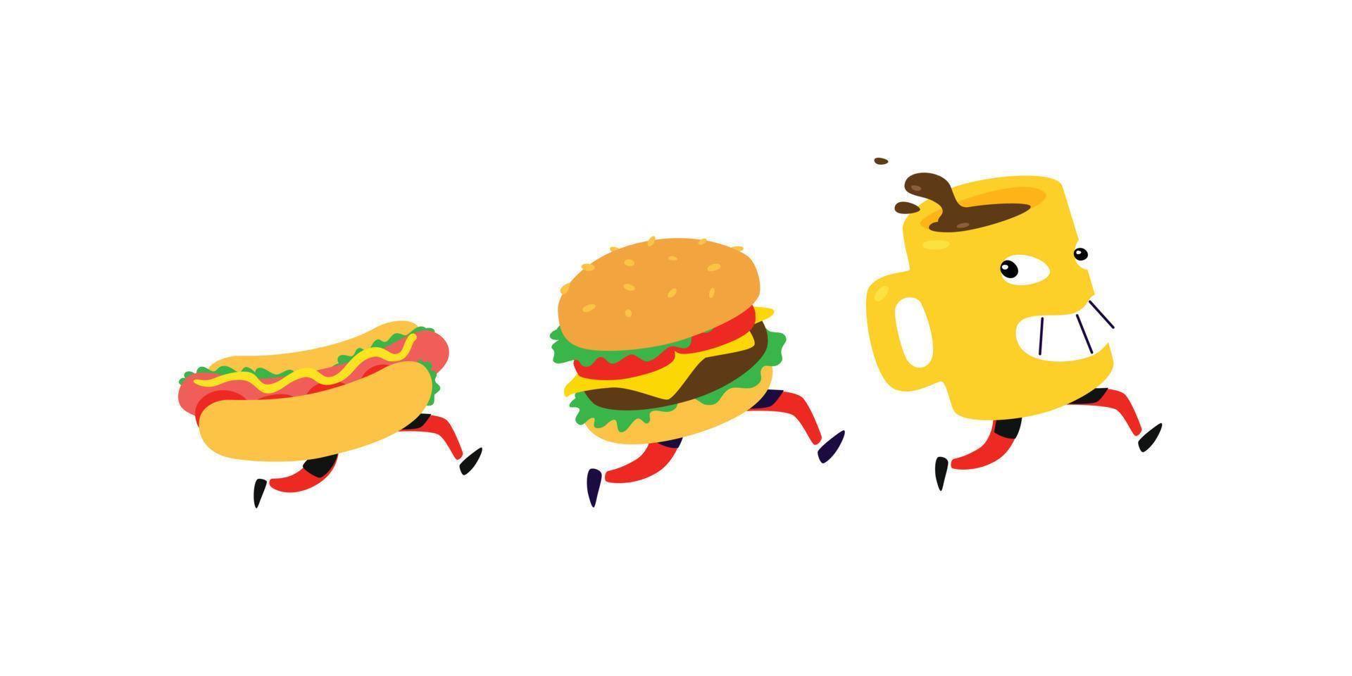 karakters hamburger, hotdog, koffiemok. vector. logo's voor fastfood. grappige illustratie voor voedselbezorging. cartoon badges, emblemen voor restaurant en café. mascotte voor het menu. vector