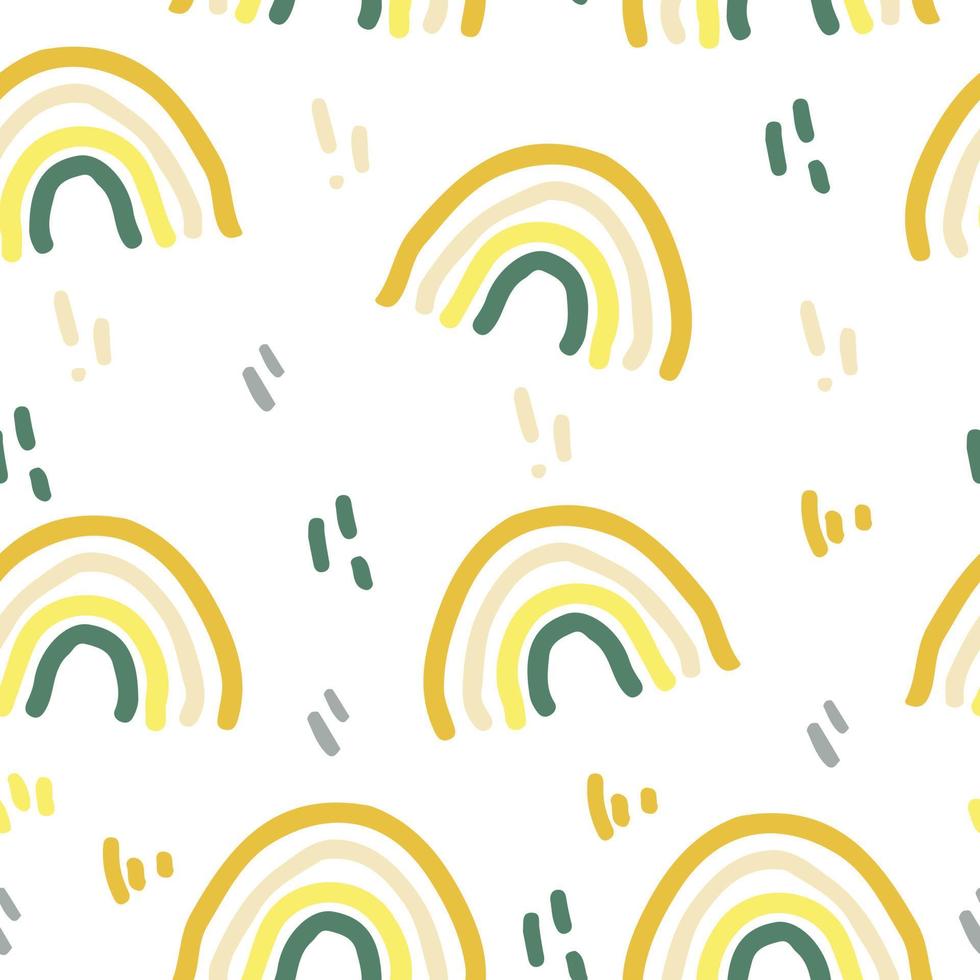 schattig boho regenboog en dash doodle naadloos patroon in trending kleur 2021. handgetekende minimalisme eenvoudig. behang, textiel, inpakpapier, decor. grijs, goud, geel, groen. baby vector