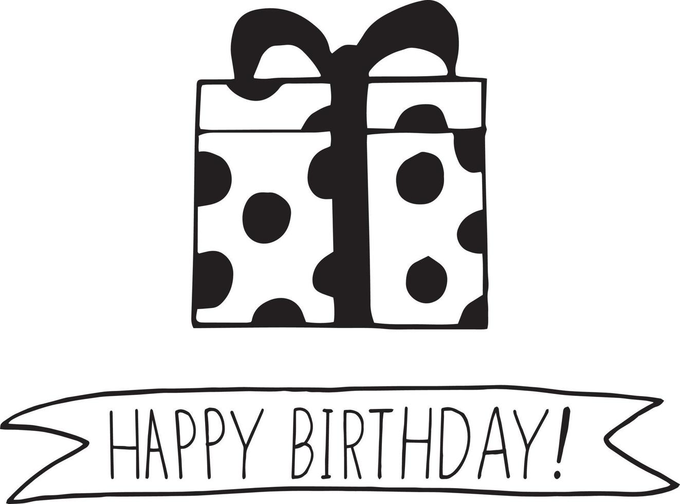 cadeau in doos en belettering gelukkige verjaardag. wenskaartsjabloon. hand getrokken doodle stijl. minimalisme, zwart-wit, schets. linten, boog verjaardag vakantie vector