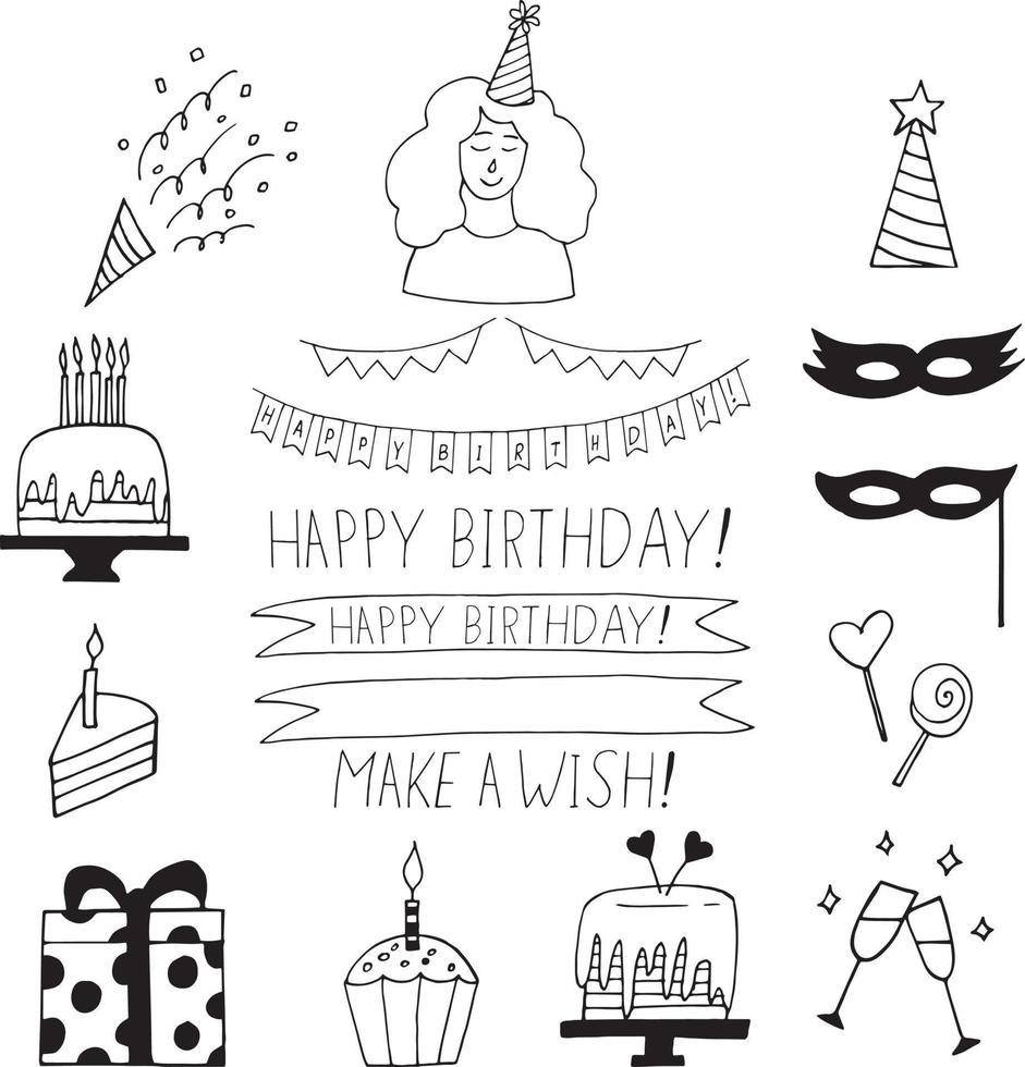 gelukkige verjaardag ingesteld pictogram. hand getrokken doodle stijl. minimalisme, zwart-wit, schets. plakboek, vakantie, feestdecoratie taart cadeau vlaggen vector