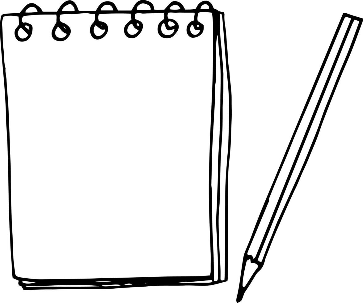 Kladblok blanco vel en potloodpictogram, sticker. schets hand getrokken doodle stijl. , minimalisme, zwart-wit. schrijven, notities briefpapier blog vector