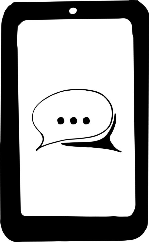 smartphone met spraakwolk op schermpictogram, sticker. schets hand getrokken doodle. minimalisme, zwart-wit. telefoon, sociale media, netwerken, blogger, blog, blogtechnologie elektronica chatcommunicatie vector