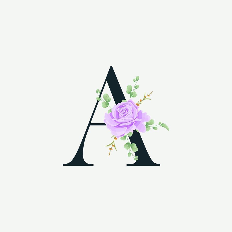 mooi een alfabet met florale logo-decoratiesjabloon. luxe lettertype met groene bladeren embleem botanische vectorillustratie. vector