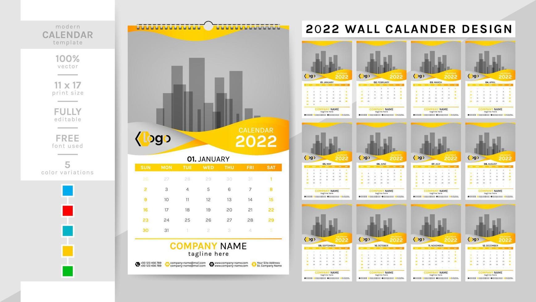 wandkalender en planner dagboeksjabloon voor het jaar 2022. deze creatieve elegante kalender is een must voor thuis en op kantoor. 2 thema kleurwerk, zwart, en anderen. de week van 12 pagina's begint op zondag. vector