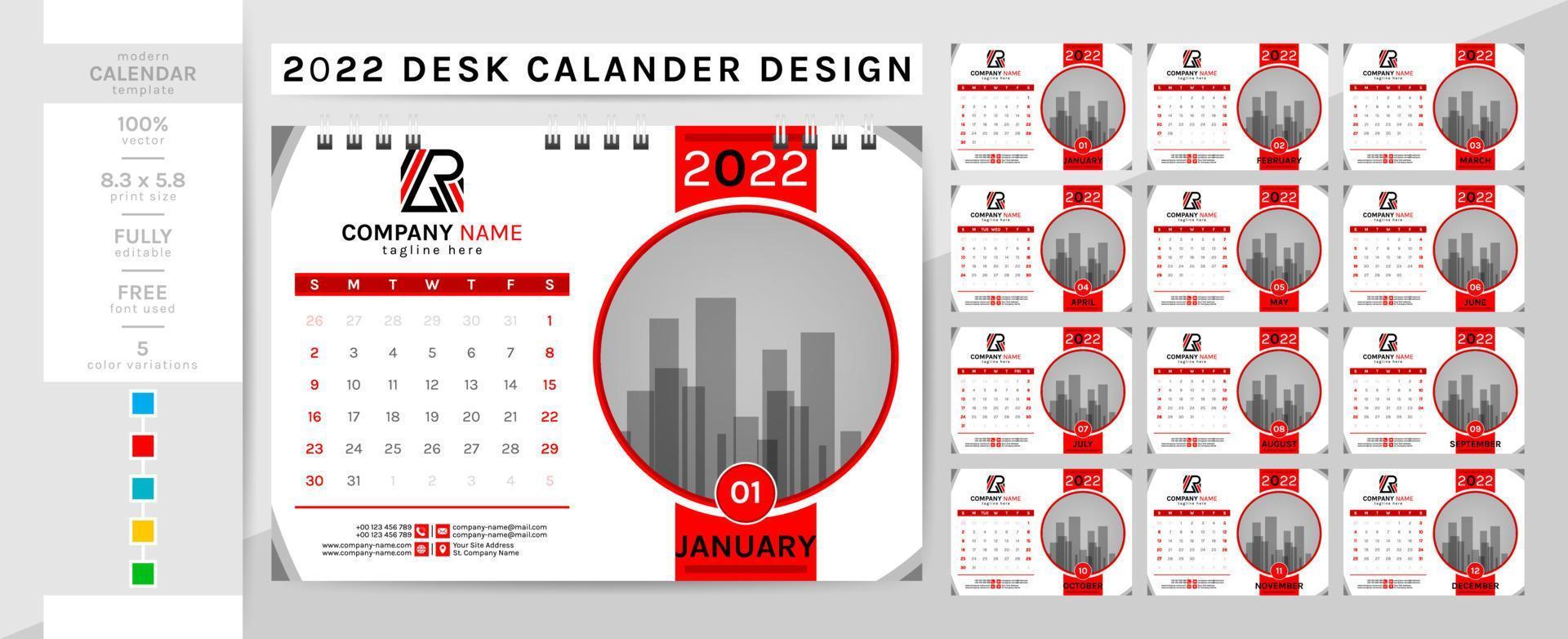 bureaukalender en planner dagboeksjabloon voor het jaar 2022. deze creatieve elegante kalender is een must voor thuis en op kantoor. 2 thema kleurwerk, zwart, en anderen. de week van 12 pagina's begint op zondag. vector