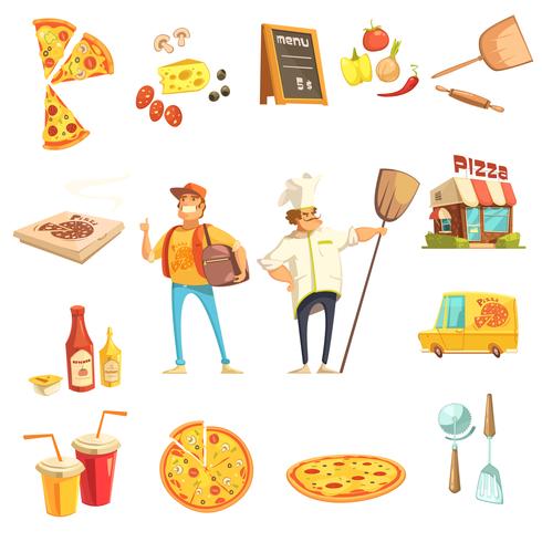 Pizza maken decoratieve pictogrammen instellen vector
