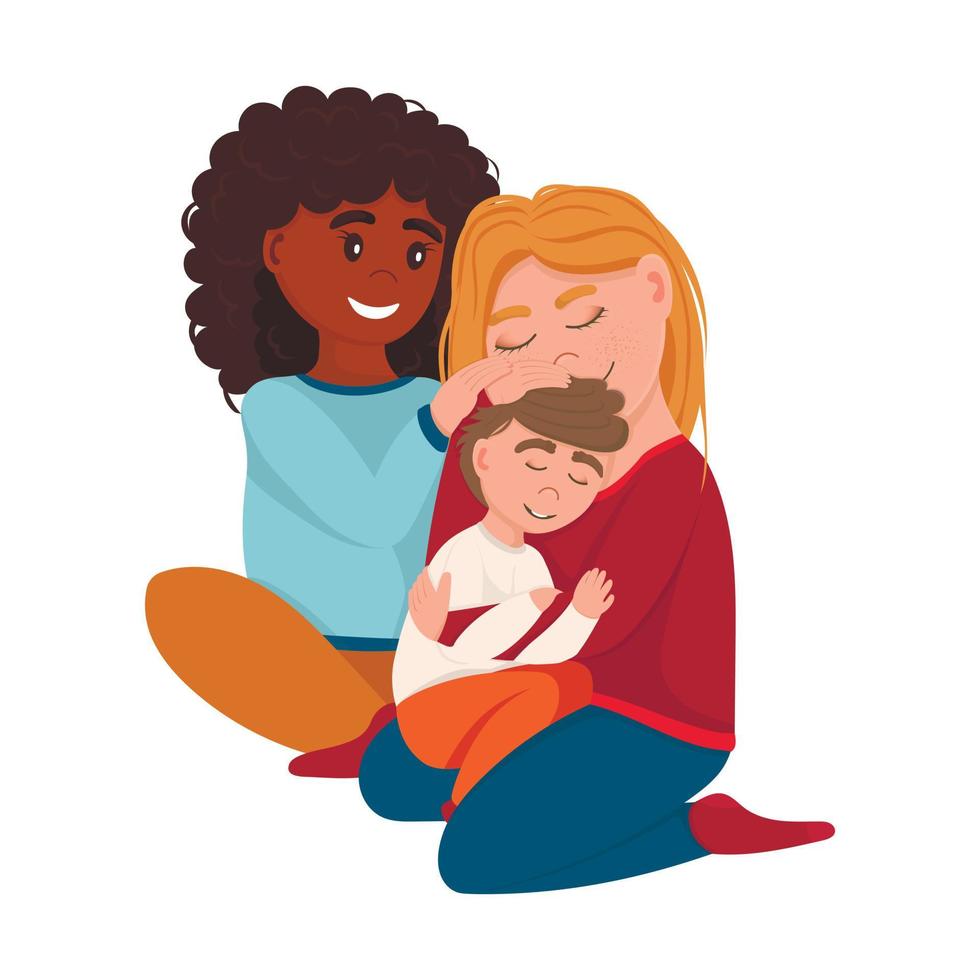 gelukkige homoseksuele familie samen. lesbische moeders zitten en knuffelen hun baby. adoptie, lhbt-ouders. vector