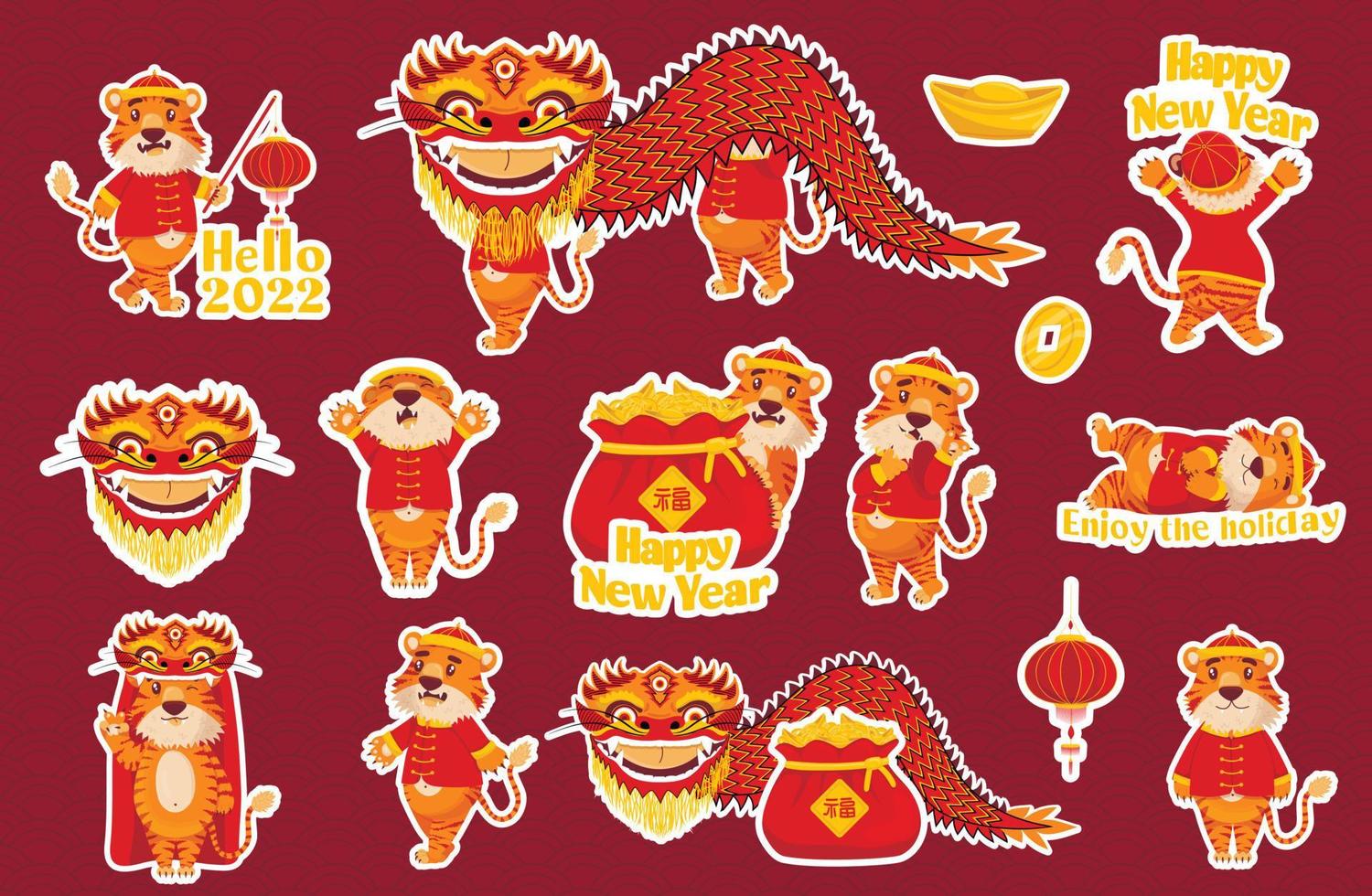grote set stickers met rode chinese tijgers in nieuwjaarskostuums met lantaarns en draken in cartoonstijl. vector