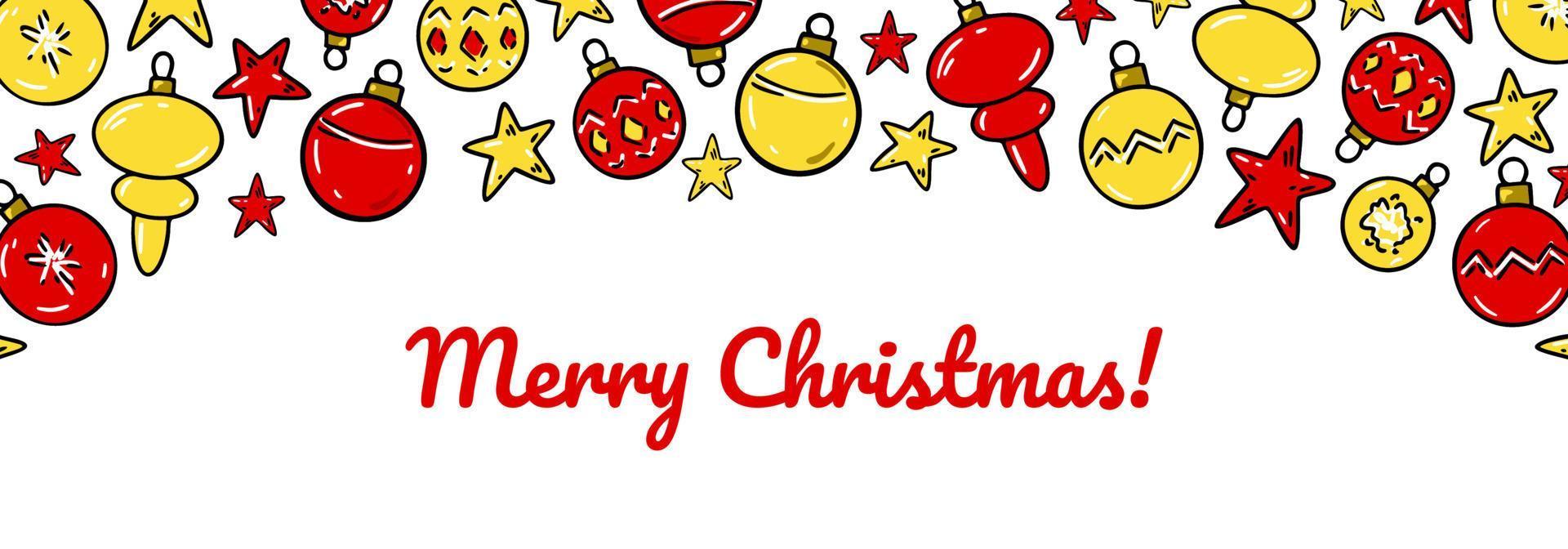 kleurrijke horizontale prettige kerstdagen en gelukkig nieuwjaar wenskaart met heldere kerstboom speelgoed. hand getekende vectorillustratie vector
