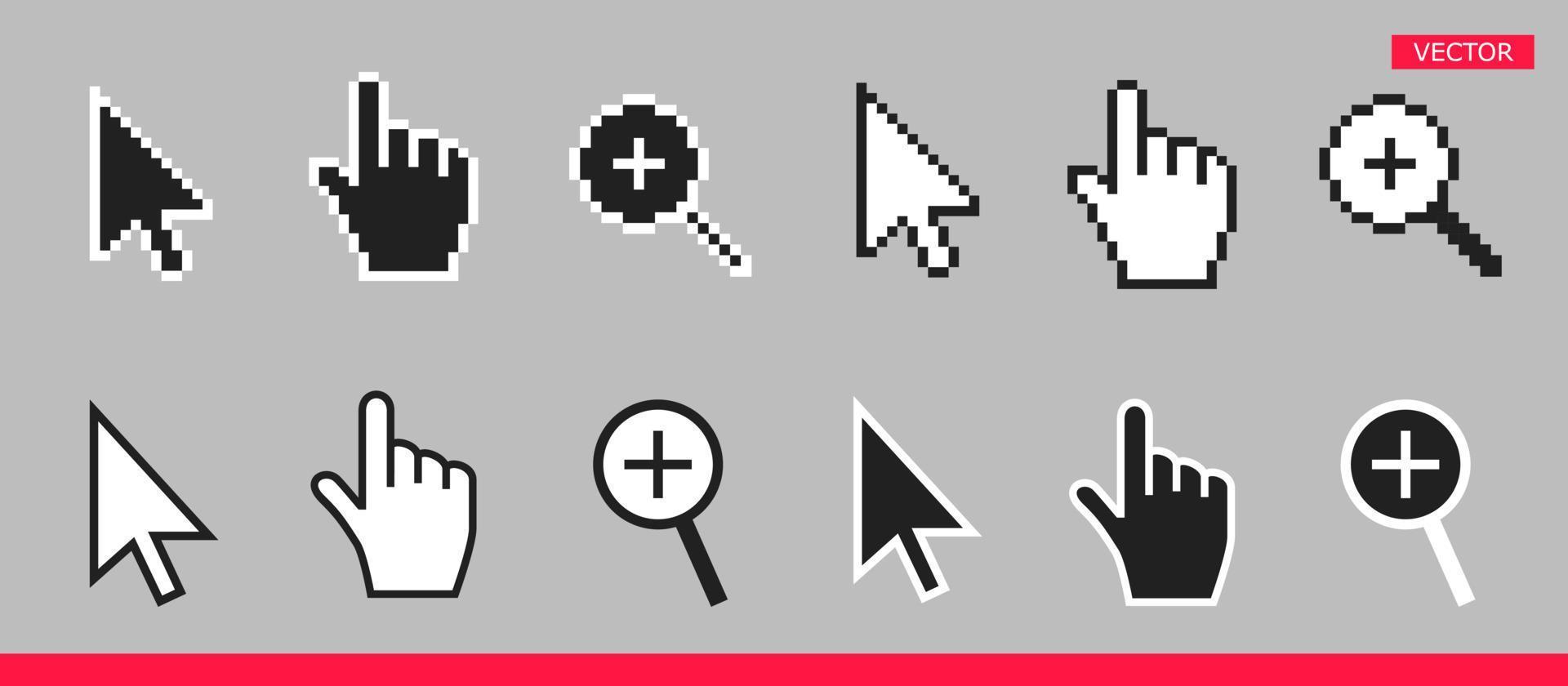 zwart-wit pijl, hand en vergrootglas muis cursor iconen vector illustratie.