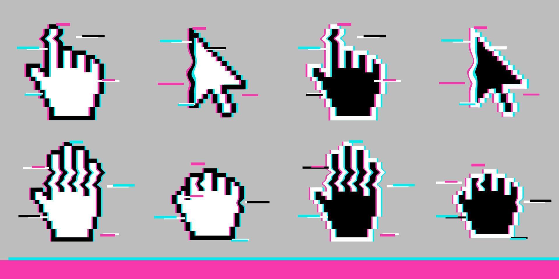 zwart-wit pixel glitch muis hand en pijl cursor pictogram teken set vector