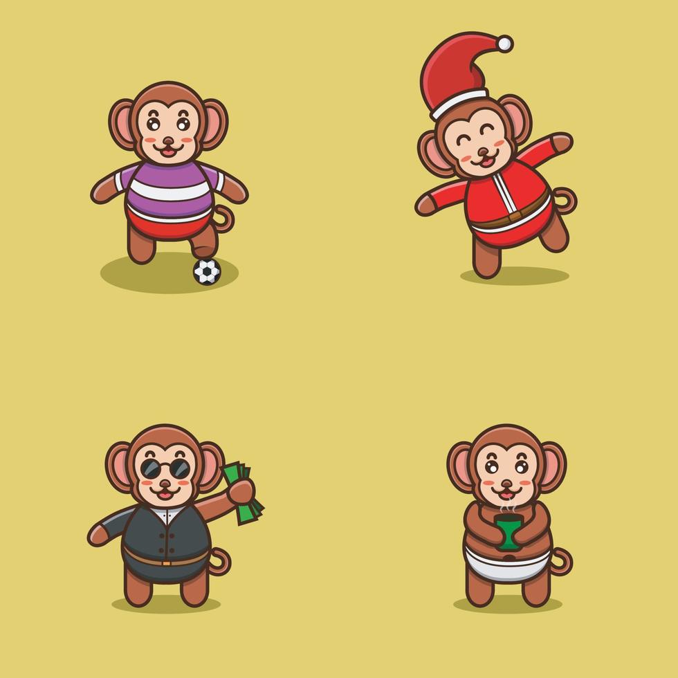 set van schattige baby aap karakter met verschillende poses. voetbal, kerstmis, baas en breng een kopje thee. vector