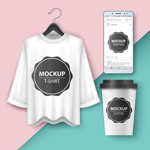 Mockup-t-shirt, smartphone, beker, koffie, thee instellen vector