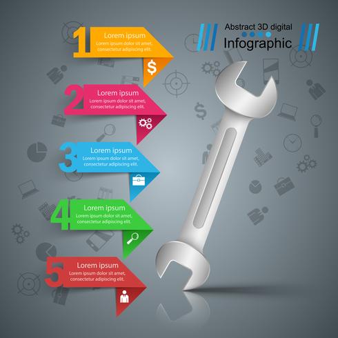 Moersleutel, schroef, reparatiesymbool. Zakelijke infographic. vector