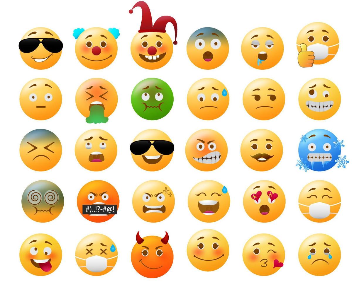 emoji emoticon vector set. pictogram geel gezicht in grappige, zieke, duizelige en koude gezichtsuitdrukkingen geïsoleerd op een witte achtergrond voor emoticon collectie design. vector illustratie
