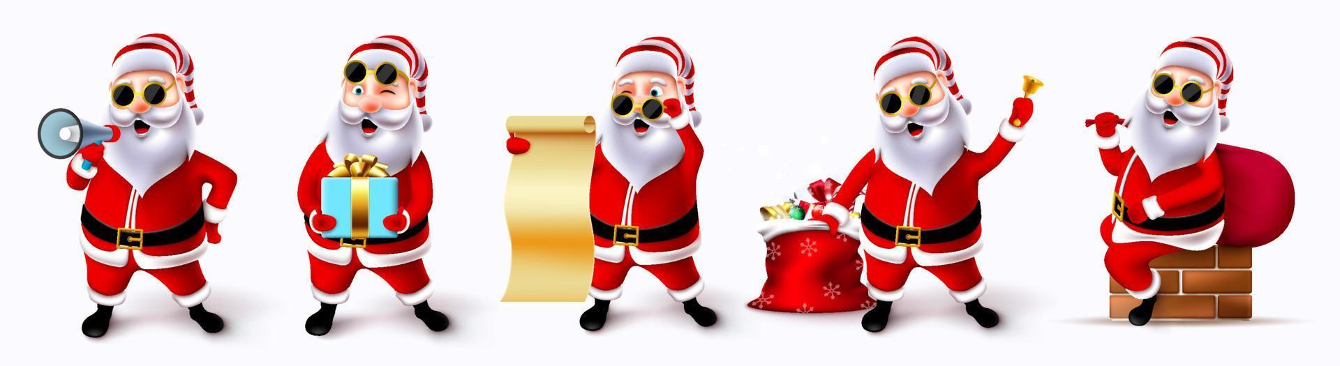 santa claus kerst vector tekenset. coole en vrolijke kerstman 3D-personages met zonnebril in staande, lezende en vasthoudende pose en gebaar voor kerstontwerp. vectorillustratie.