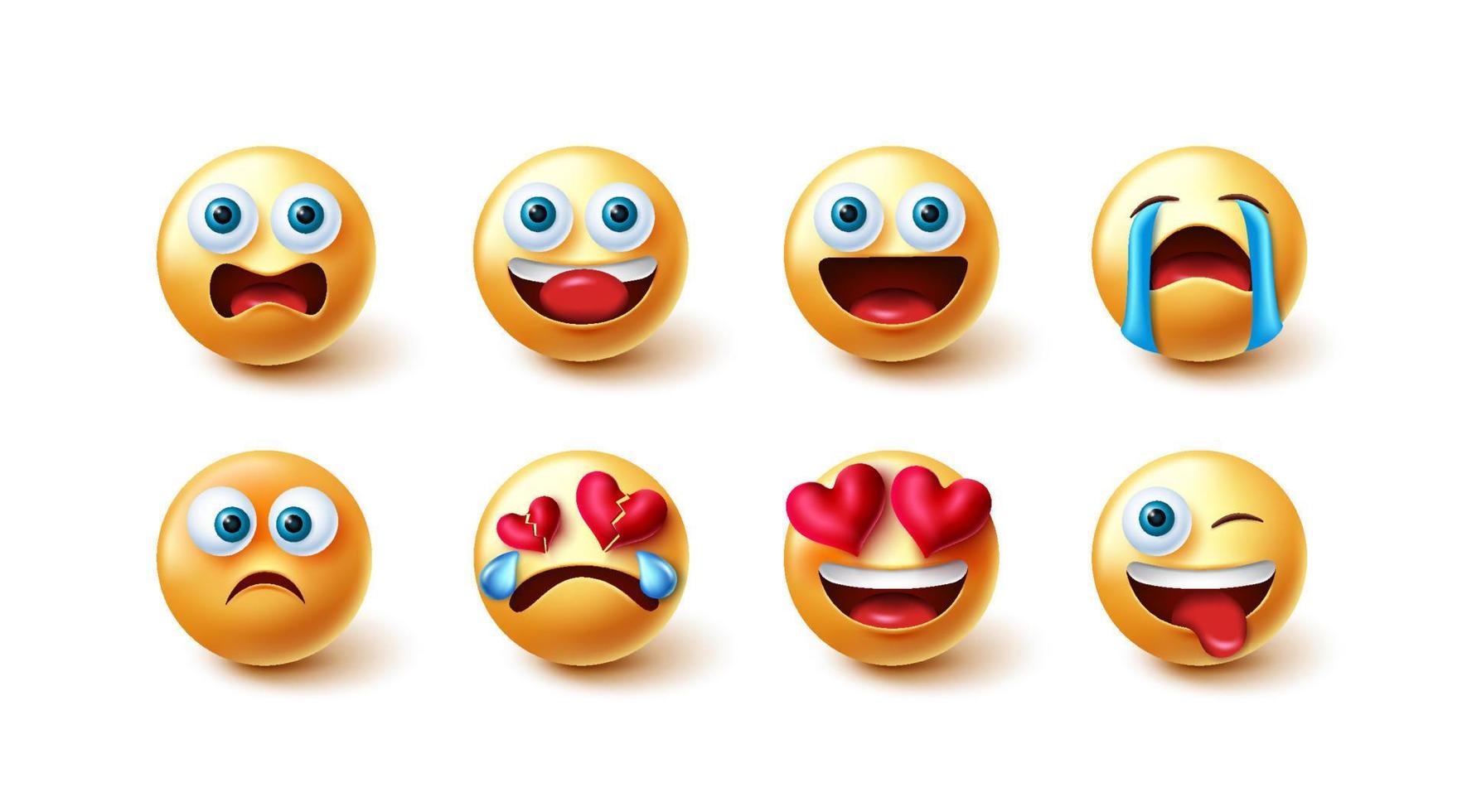 emoji's vector tekenset. emoji-tekens grappig, verliefd, boos en huilend geïsoleerd op witte achtergrond voor emoticon gezichtsreactie en uitdrukking 3D-collectie grafisch ontwerp.