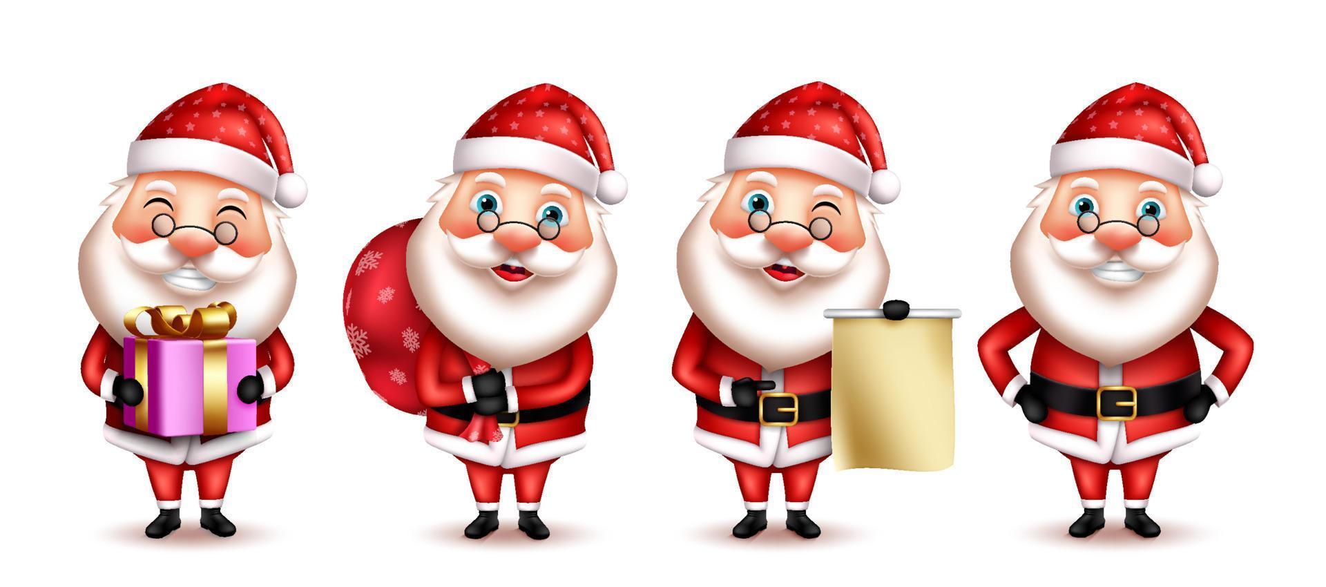 santa claus kerst vector tekenset. 3D-personages van de kerstman in een vriendelijke en glimlachende uitdrukking die geschenk- en letterelementen toont en geeft voor de ontwerpcollectie van het kerstseizoen.