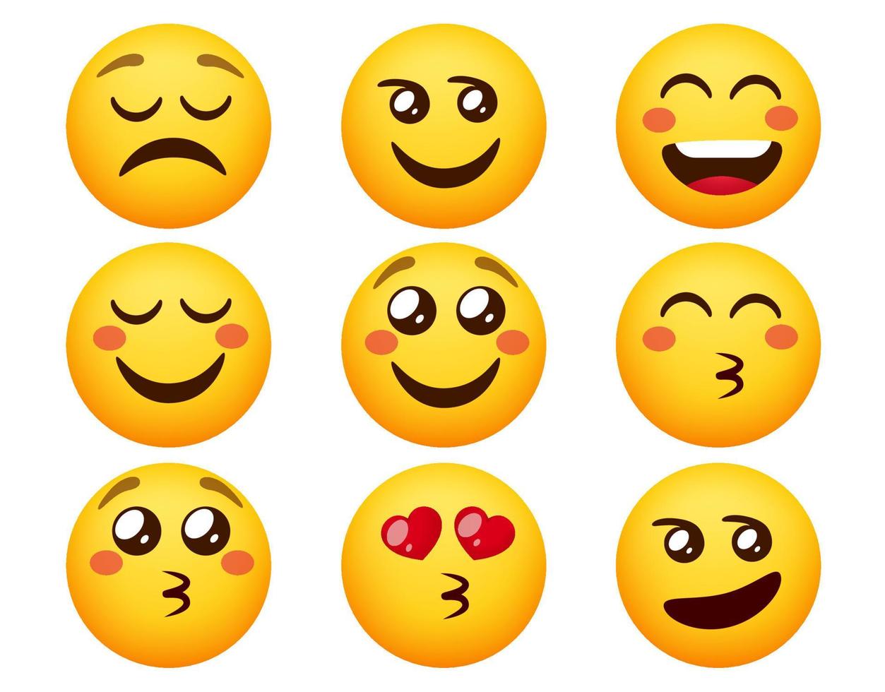 emoji verliefd vector set. emoticons karakters in blozende, lachende en kussende gezichtsuitdrukking voor emoji's houden van karakter schattige reactie. vectorillustratie.