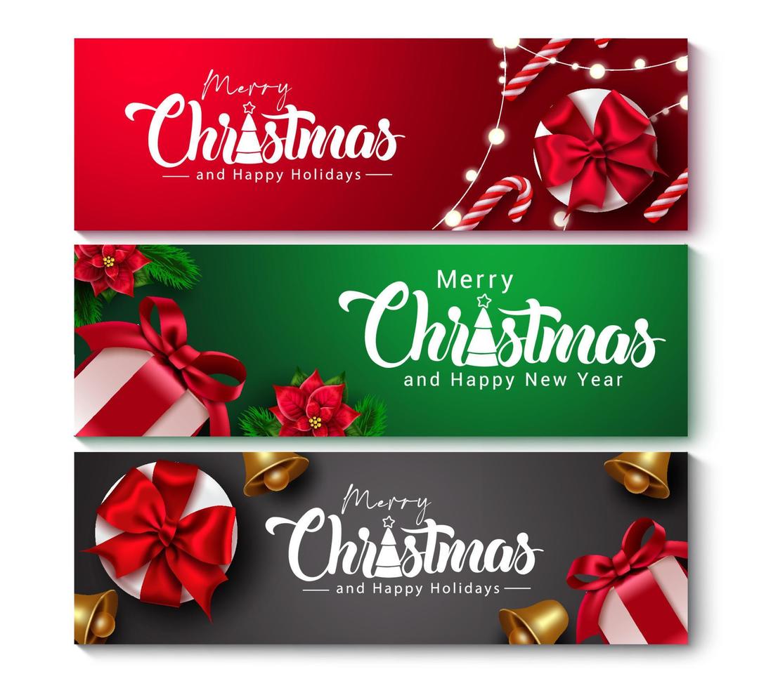 vrolijke kerst vector banner set. vrolijke kersttekst met decoratie zoals cadeau, snoepgoed, bel en poinsettia voor element voor kerstvakantie achtergrond. vectorillustratie.