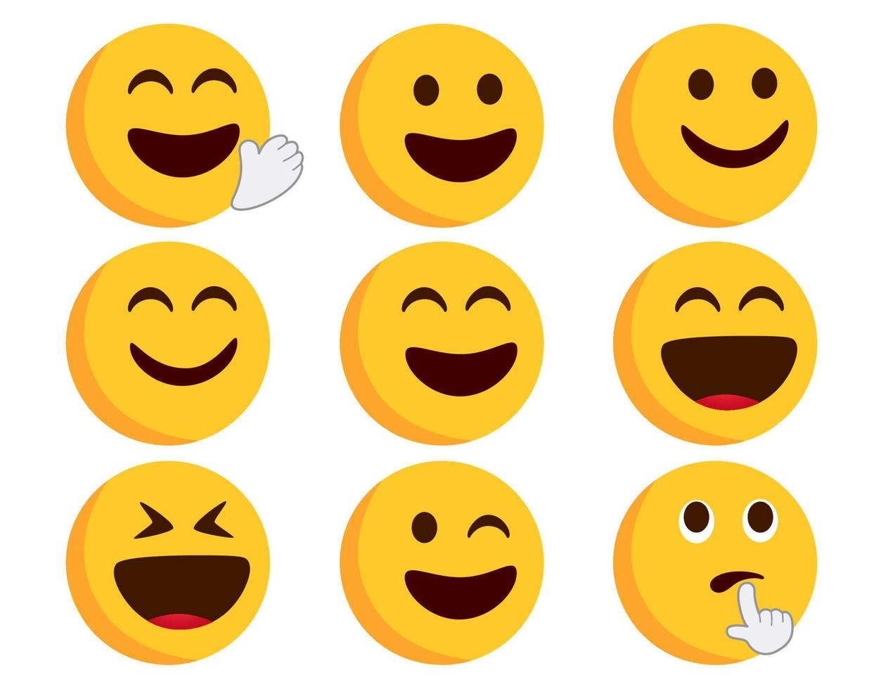 emoticon platte vector set. emoticons karakter in vrolijke, lachende en lachende uitdrukkingen met handgebaren van zwaaien en denken voor emoji-collectieontwerp. vectorillustratie.