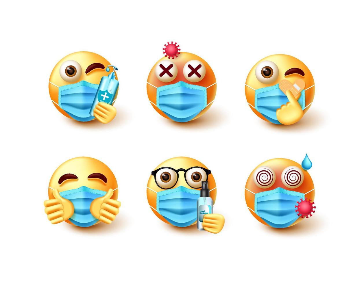 covid-19 emoji vectorset. emoticons 3D-personage in nieuwe normale veiligheidselementen zoals gezichtsmaskers, alcohol en ontsmettingsmiddel voor emoji-collectieontwerp voor veiligheidscampagnes. vector illustratie
