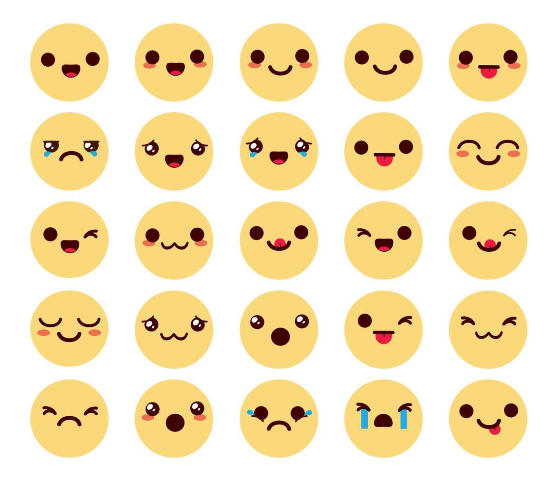 emojis chibi tekens vector set. emoticon kawaii emoji-collectie in gele gezichten met vriendelijke en schattige reacties voor emoticons chibis collectie-ontwerp. vectorillustratie.