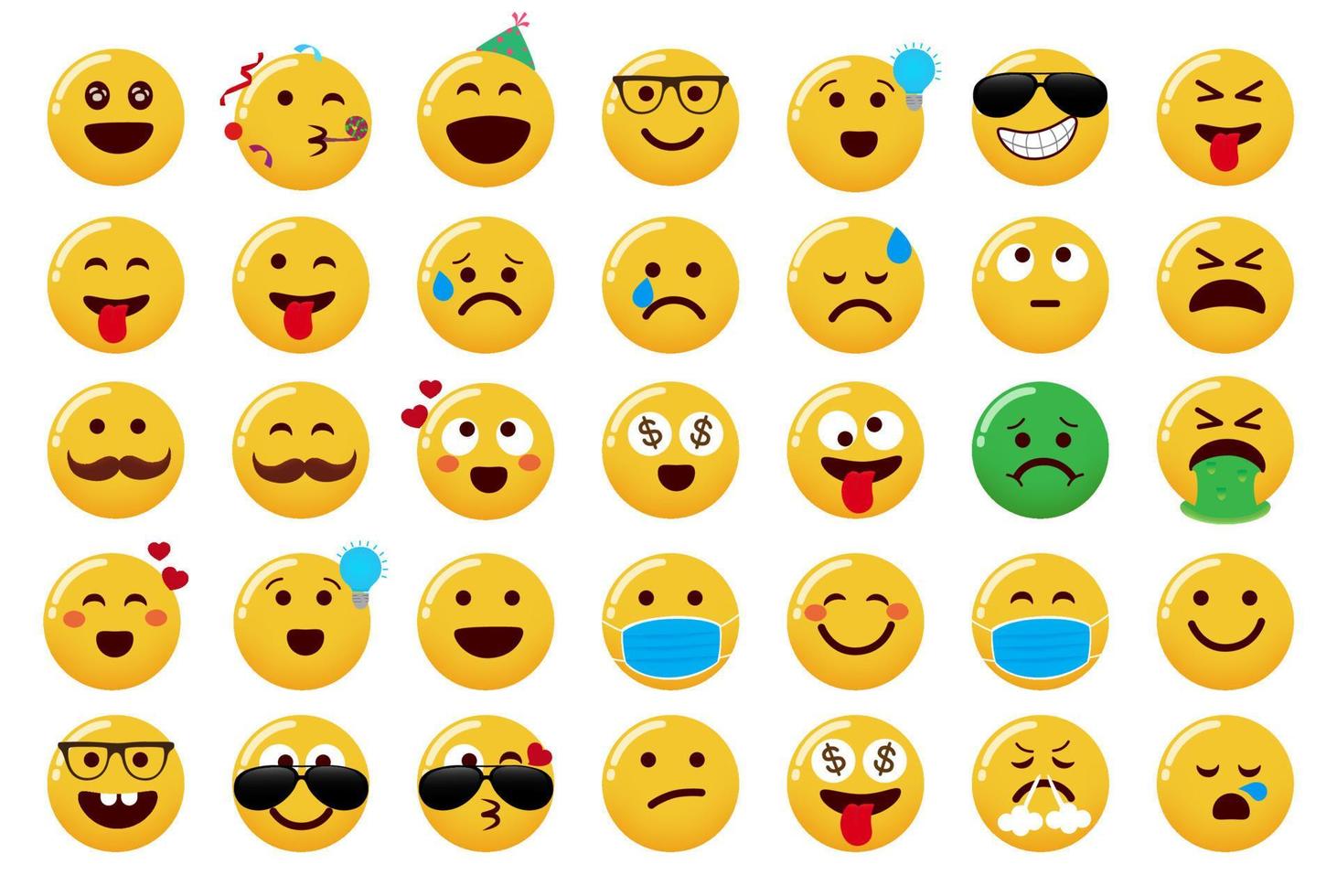 emoji collectie vector set. emoticons schattige personages met feest, cool, gek en gelukkig emoji-gezicht geïsoleerd op een witte achtergrond voor emoji-gezichtsuitdrukkingsontwerp. vectorillustratie.