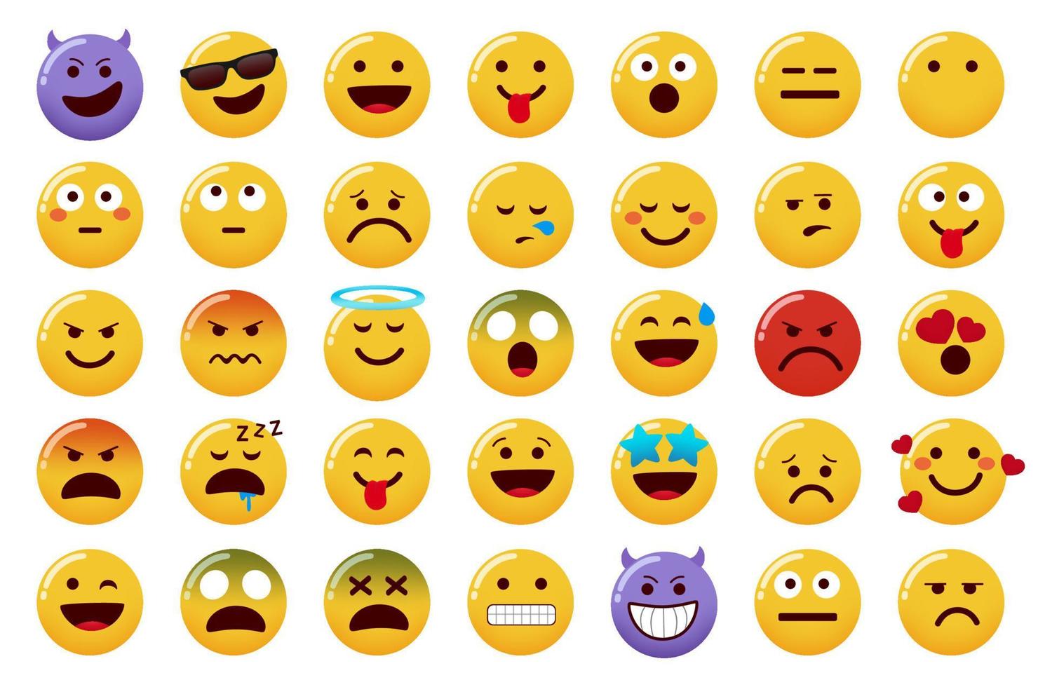 emoticon emojis vector set. emoticons karakter geïsoleerd op een witte achtergrond met lachende, boze, boze en zieke gezichtsuitdrukkingen voor emoji karakters ontwerp. vectorillustratie.