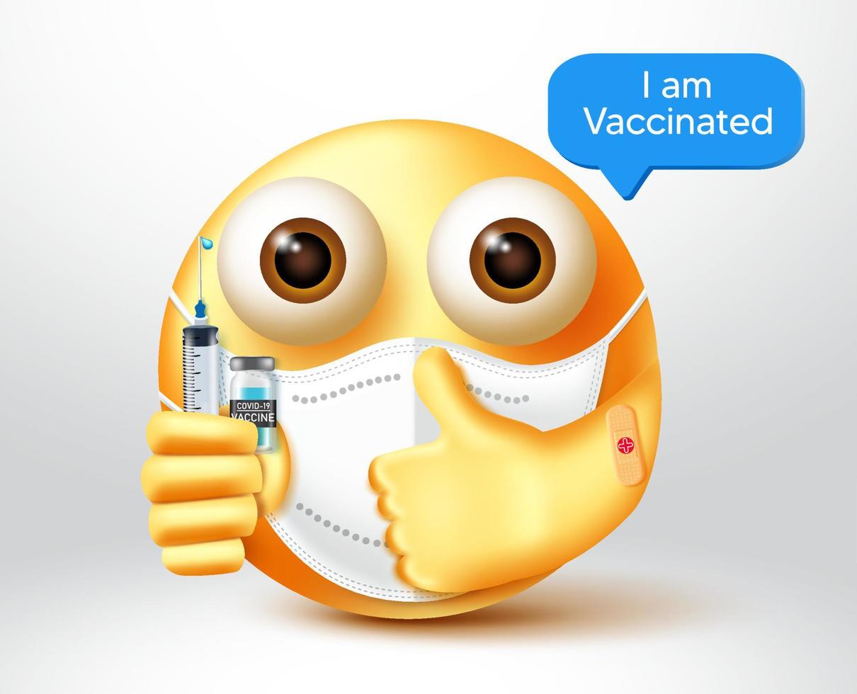 emoji covid-19 vaccin vector ontwerp. emojis-personage in 3d met ik ben gevaccineerde tekst met vaccininjectie voor coronavirusbescherming avatar emoticon-karakter. vector illustratie